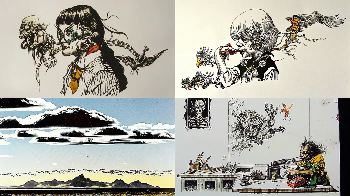 Intricate Surreal Ink Illustrations with Vibrant Surrealist Overtones - Midjourney sref style