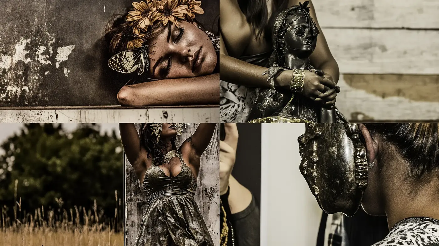 Rustic Elegance: A Fusion of Sepia-Toned Surrealism and Textured Nostalgia - Midjourney sref style