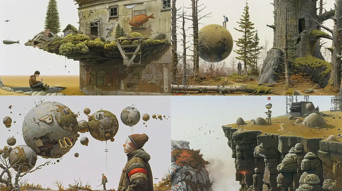 Surreal landscapes with a blend of whimsical and dystopian elements - Midjourney sref style