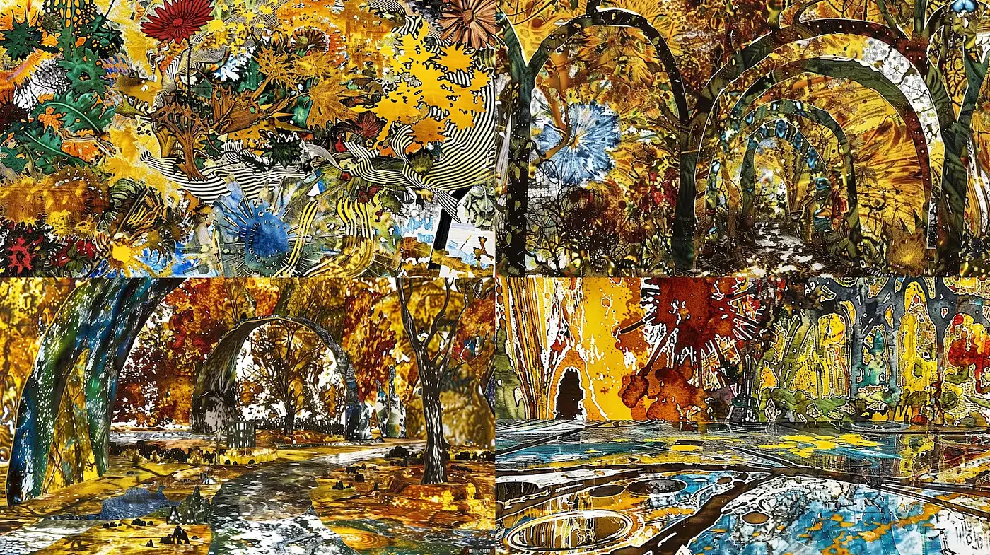 Vibrant, intricate landscapes with a whimsical touch - Midjourney sref style