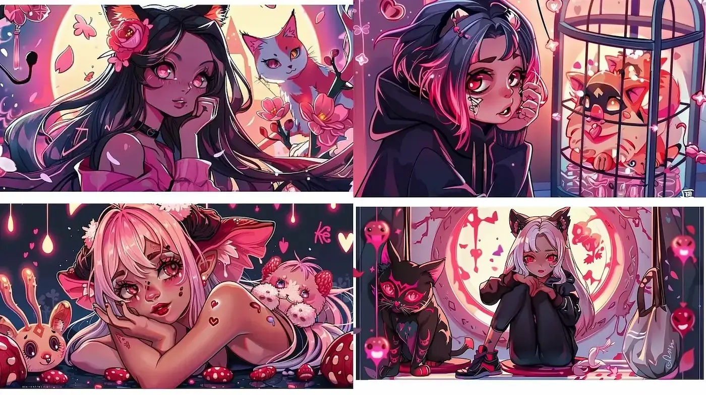 Charming and Whimsical Anime-Inspired Aesthetic with a Darkly Playful Undertone - Midjourney sref style
