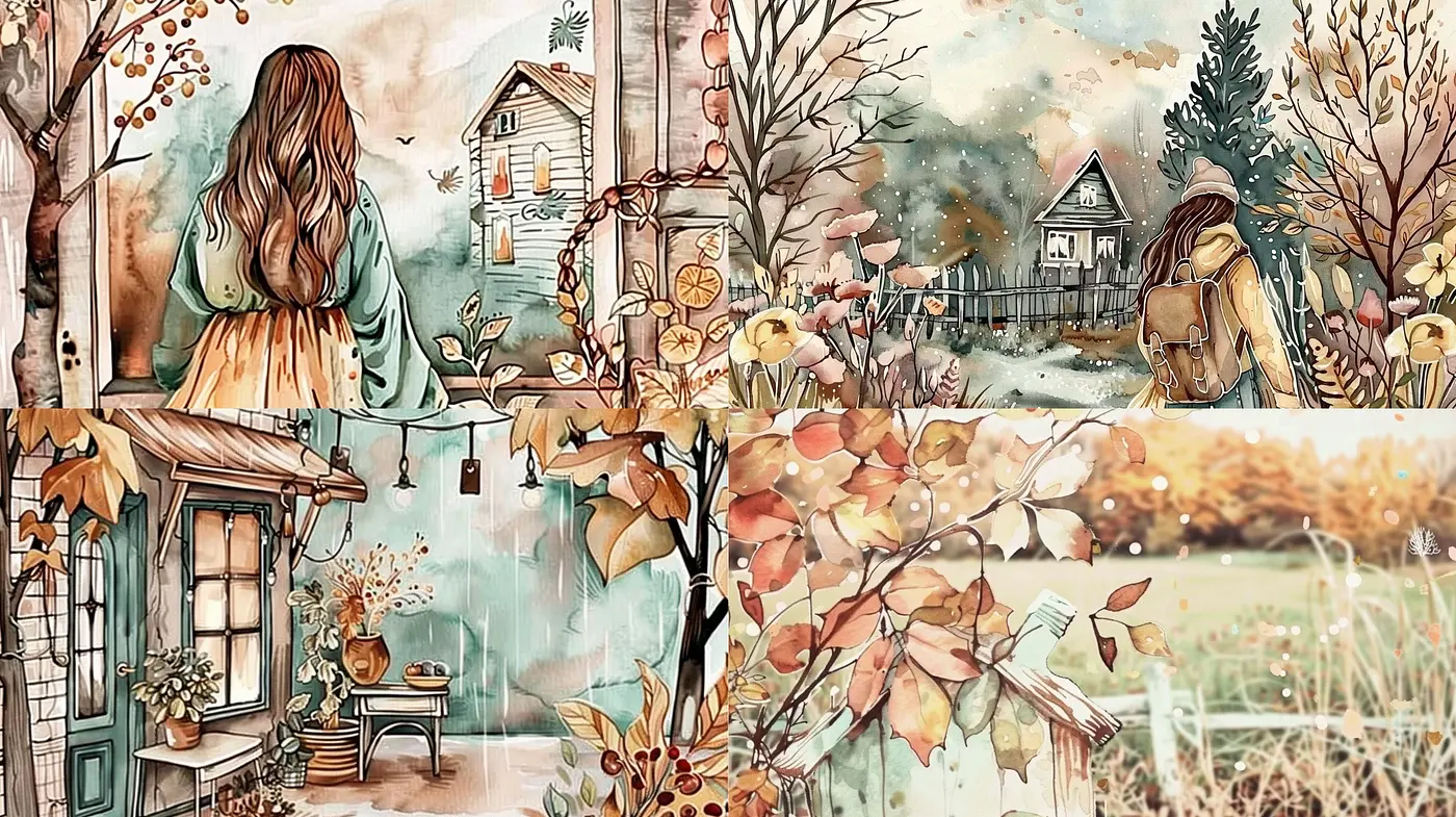 Whimsical Autumnal Watercolor Reverie - Midjourney sref style