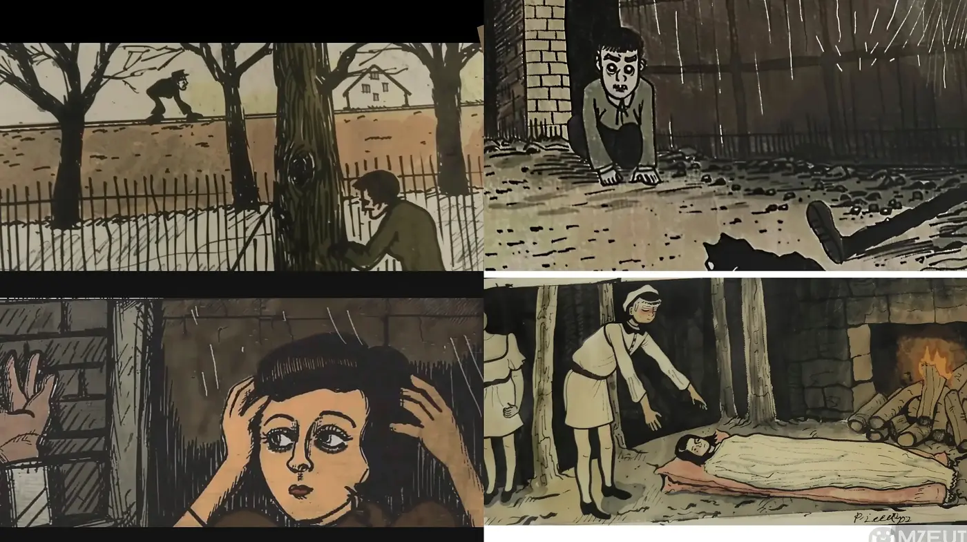 Expressionist Echoes and Monochromatic Contours in Illustrative Storytelling - Midjourney sref style