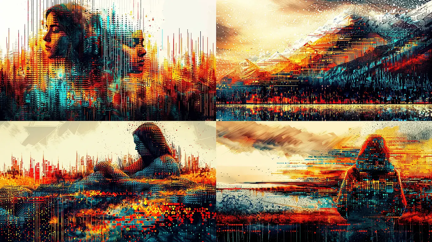 Digital Glitch Panorama: A Fusion of Natural Landscapes and Technological Disruption - Midjourney sref style