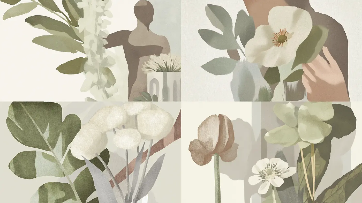 Serene Botanical Illustrations with a Neutral Palette and Subtle Textures - Midjourney sref style