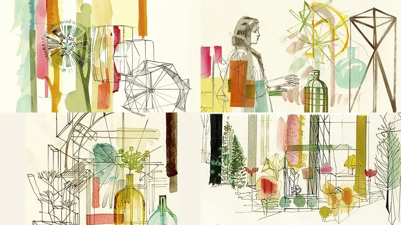 Experimental Watercolor Illustrations with Geometric Elements - Midjourney sref style