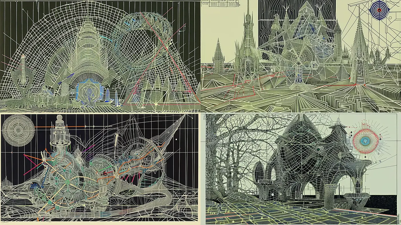 Abstract Architectural Fantasia in Wireframe Matrix - Midjourney sref style