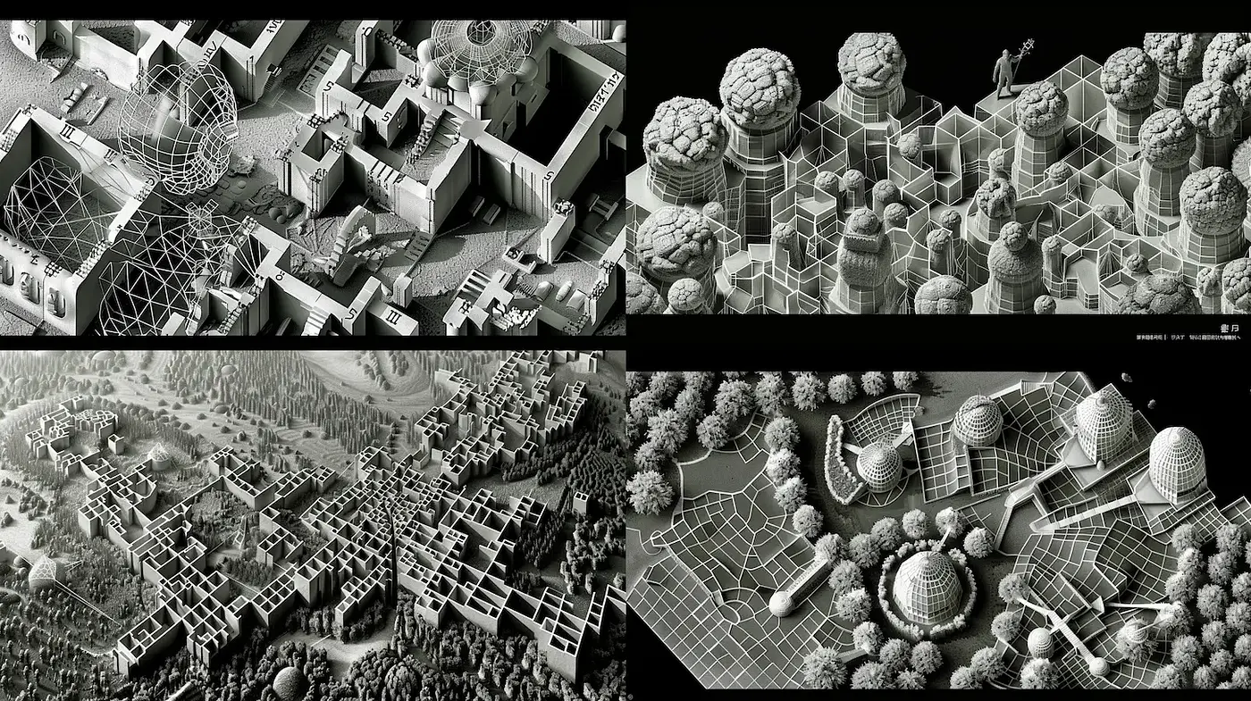 Monochromatic Geometric Landscapes with a Surreal Quality - Midjourney sref style