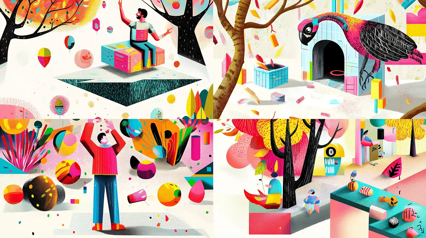 Vibrant and whimsical illustration fusion with surreal elements - Midjourney sref style