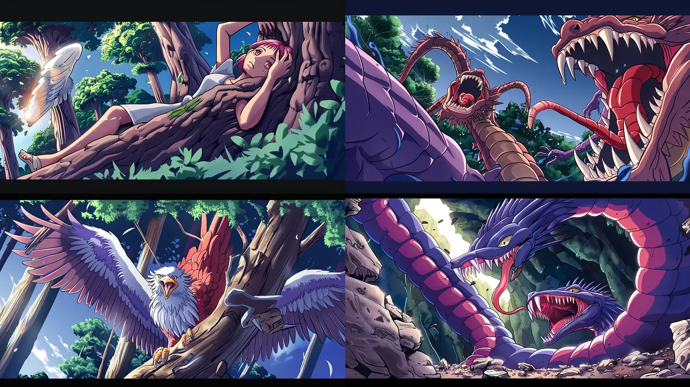 Epic Fantasy Encounter in Bold Anime-Inspired Vividity - Midjourney sref style