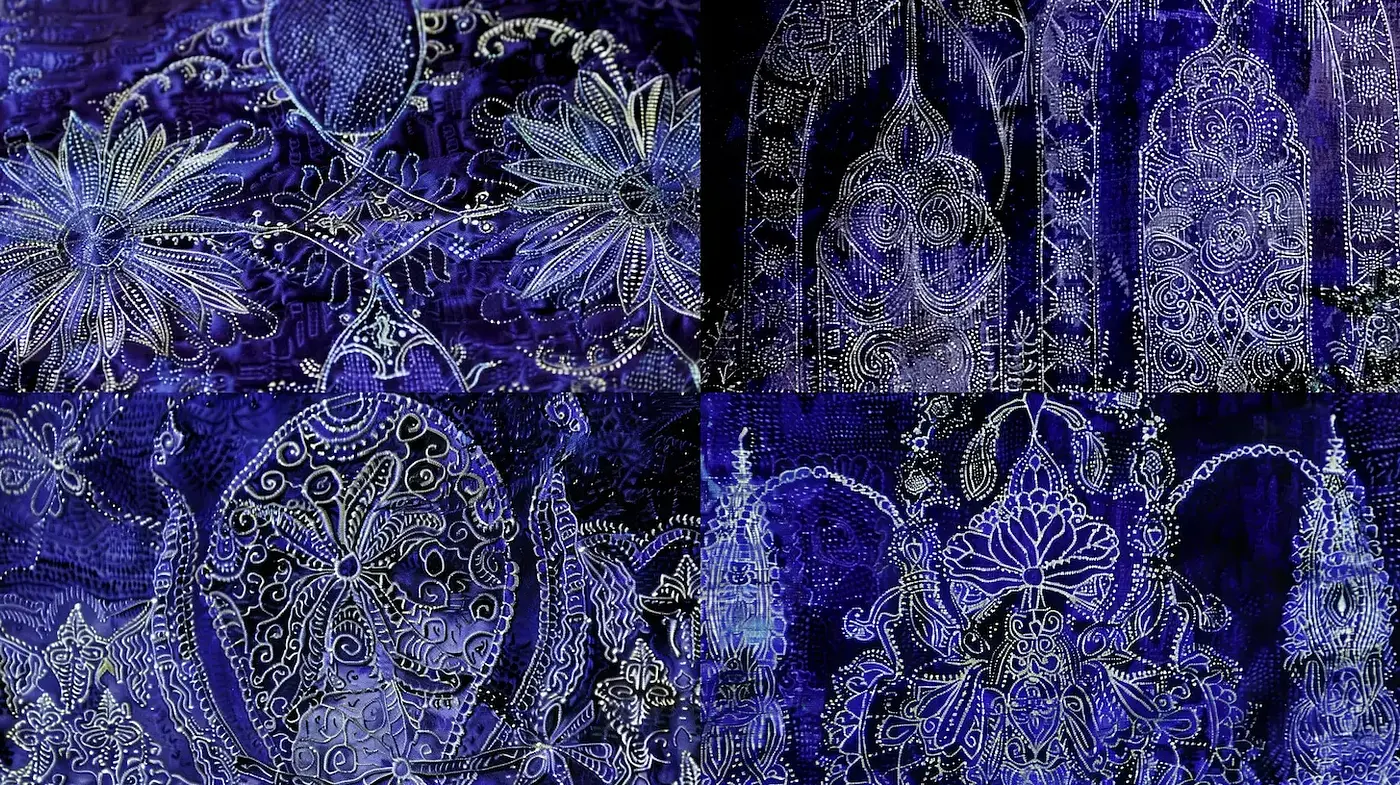 Intricate Patterns and Ethereal Textures in a Deep Blue Palette - Midjourney sref style