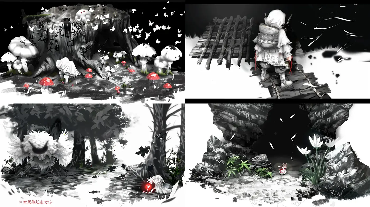 Monochromatic Dreamscape: An Interplay of Contrast and Garnered Detail - Midjourney sref style