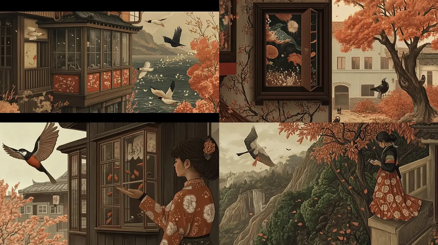 Tranquil Moments in Sepia-Toned Japanese Ukiyo-e Elegance - Midjourney sref style