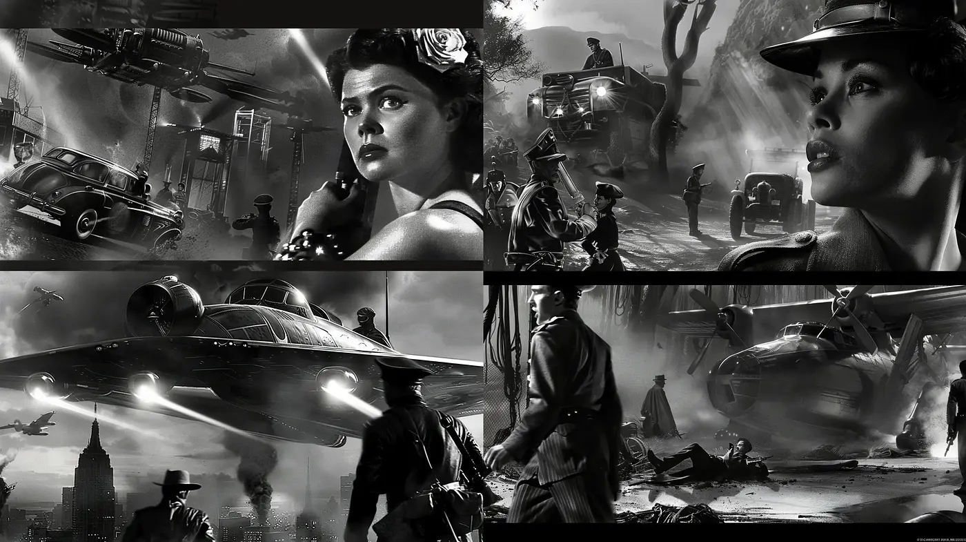 Monochrome Retrofuturism with Noir Ambiance - Midjourney sref style