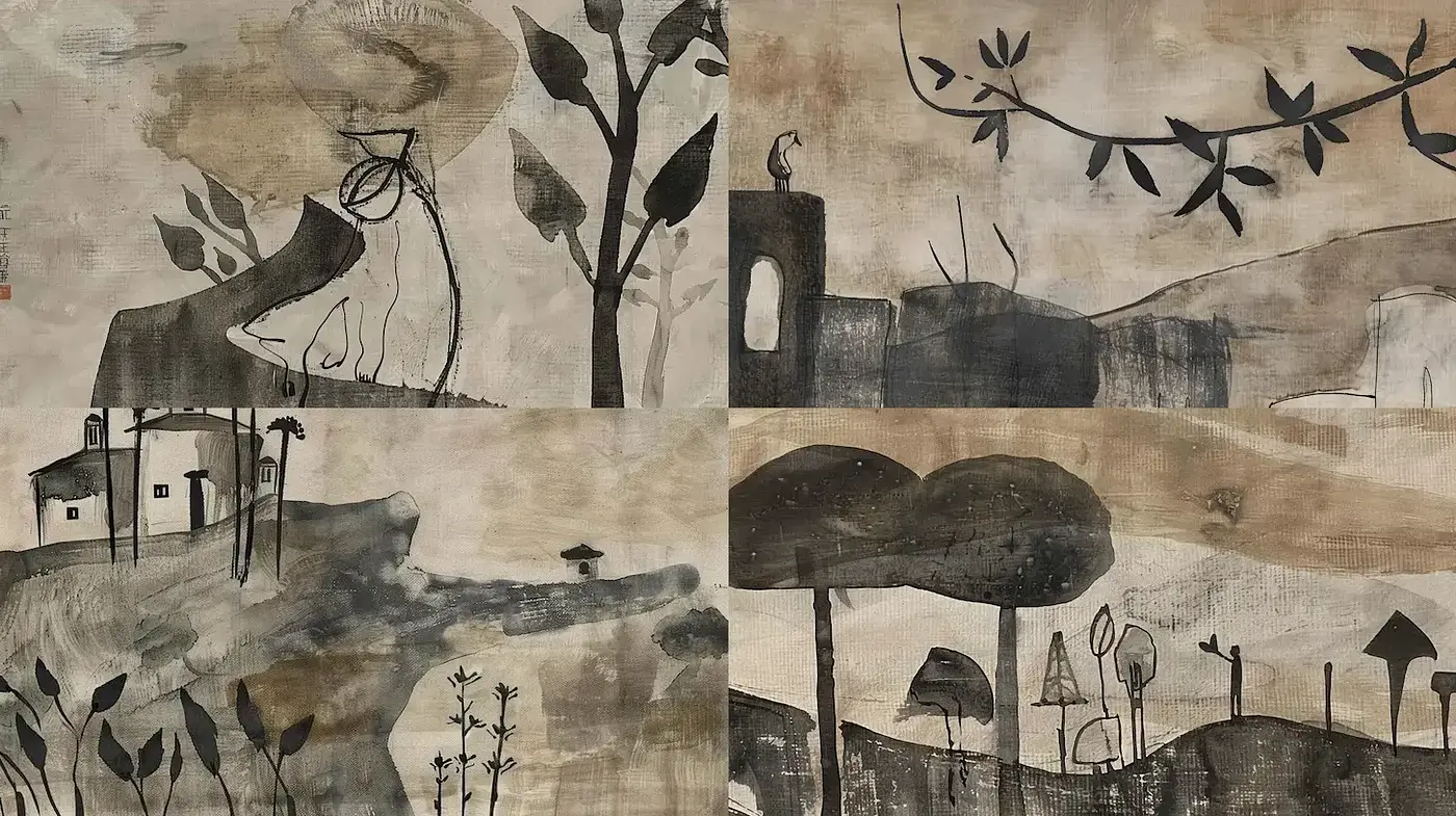 Muted Nature Scenes with a Monochromatic Palette and Organic Shapes - Midjourney sref style