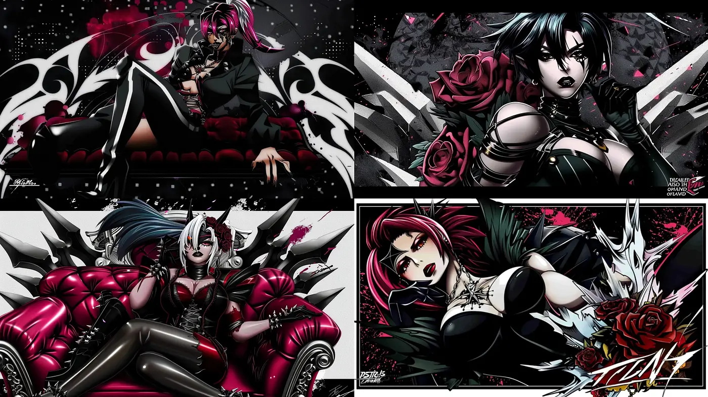 Gothic Manga-Inspired Digital Art with a Consistent Vivid Crimson Thread - Midjourney sref style