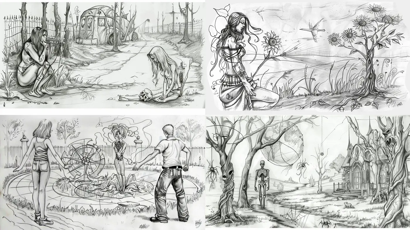 Monochromatic Dreamscapes: A Study in Graphite Textures and Surrealist Influences - Midjourney sref style