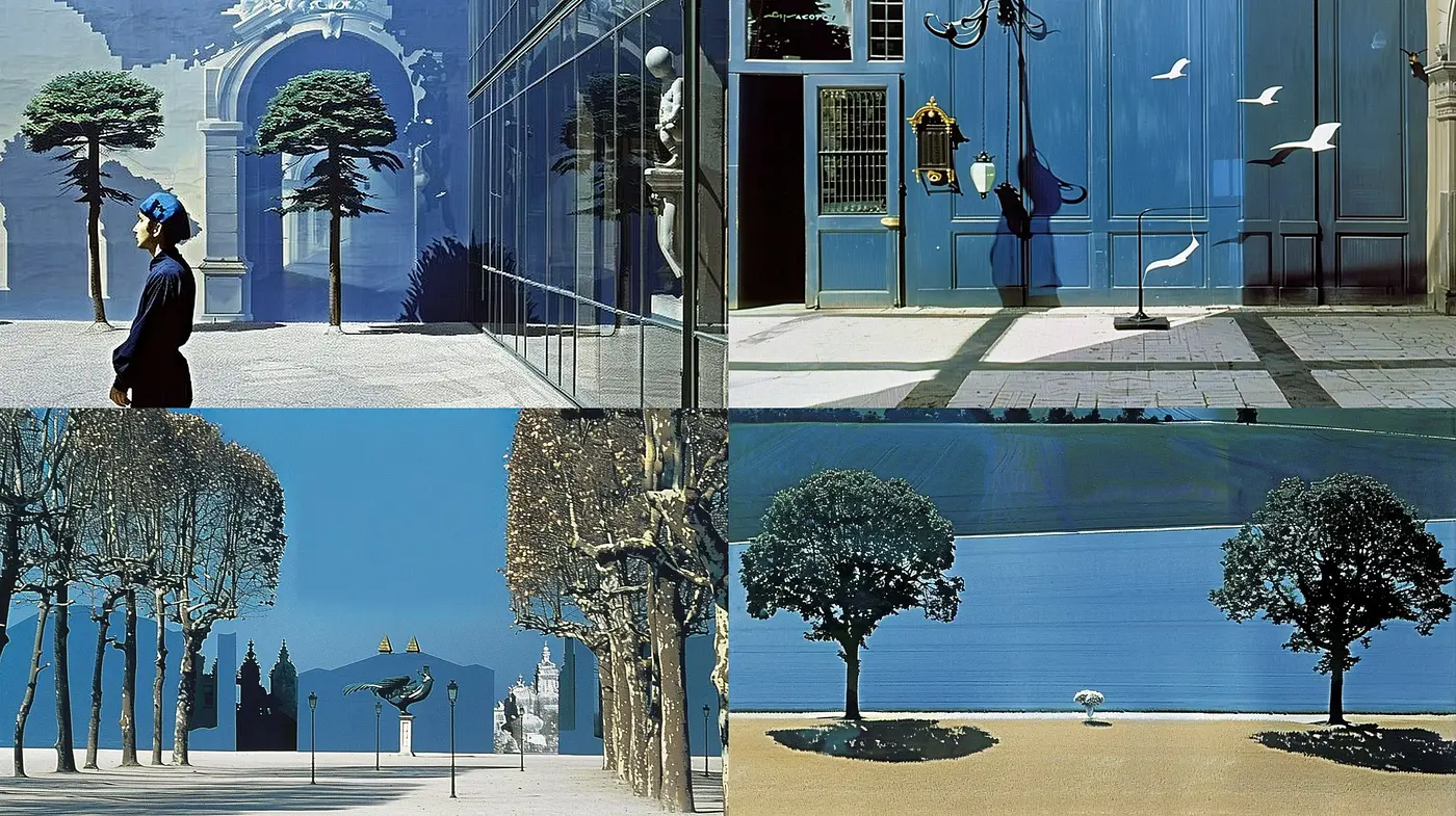 Surrealistic Dreamscape Fusion with Vibrant Blue Overtones - Midjourney sref style