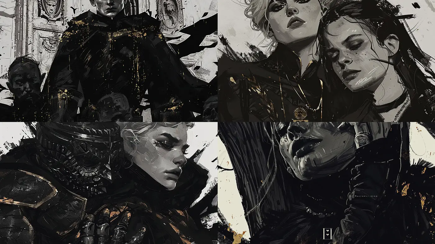 Gritty Monochrome Visions with Golden Accents - Midjourney sref style