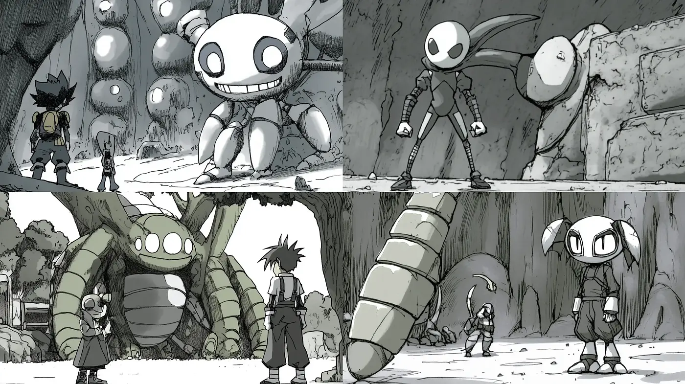 Monochromatic Mechanical Fantasy: a Seamless Synthesis of Anime and Steam Age Imagery - Midjourney sref style