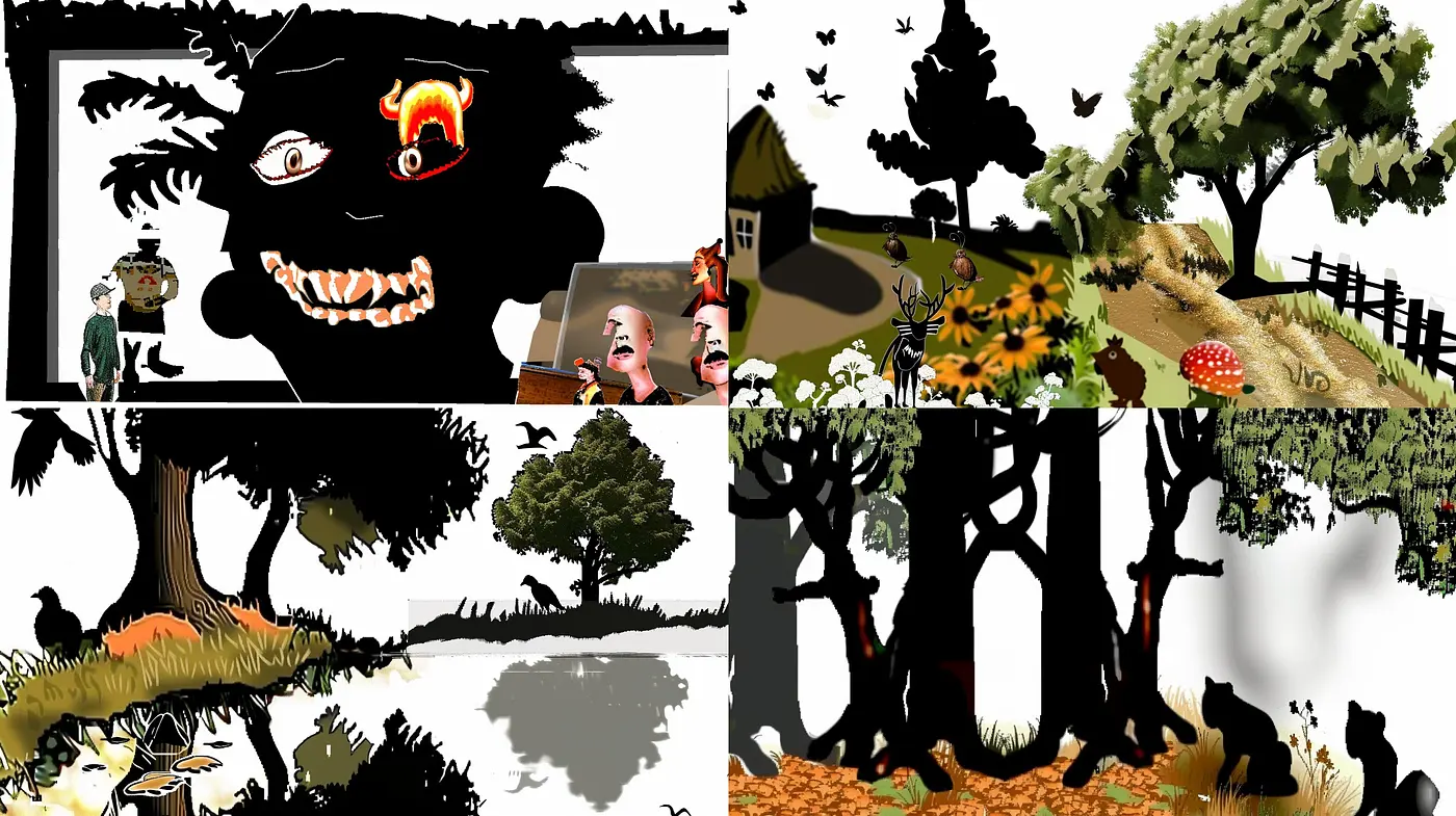 Whimsical Shadows and Contrasts: A Harmonious Blend of Cartoonish Figures and Nature's Hues - Midjourney sref style