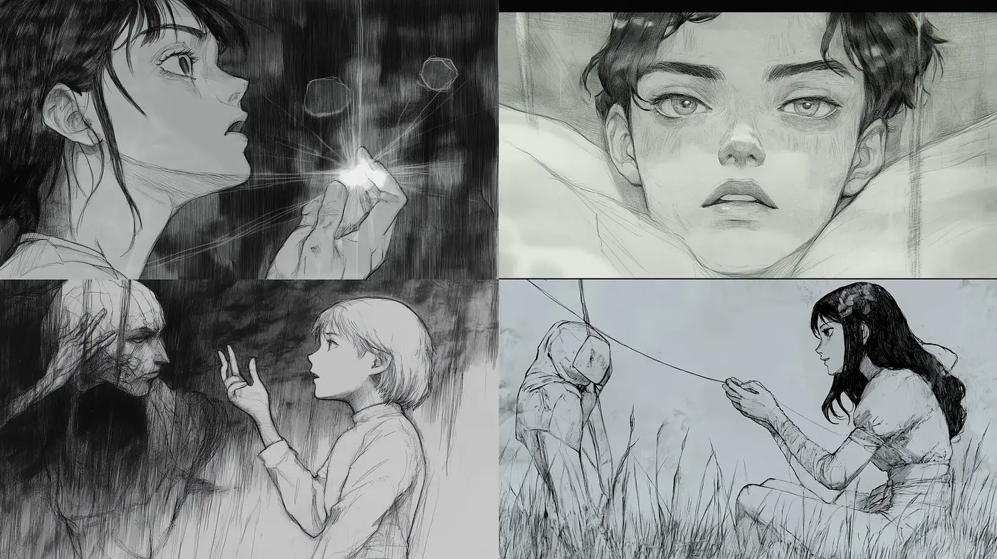 Monochromatic Sketchbook Dreamscape - Midjourney sref style