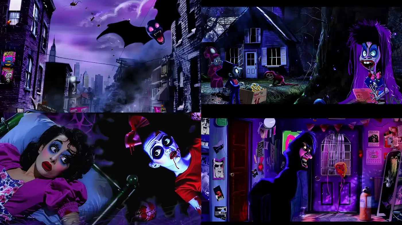 Gothic Whimsy in a Vibrant Cartoon Noir - Midjourney sref style