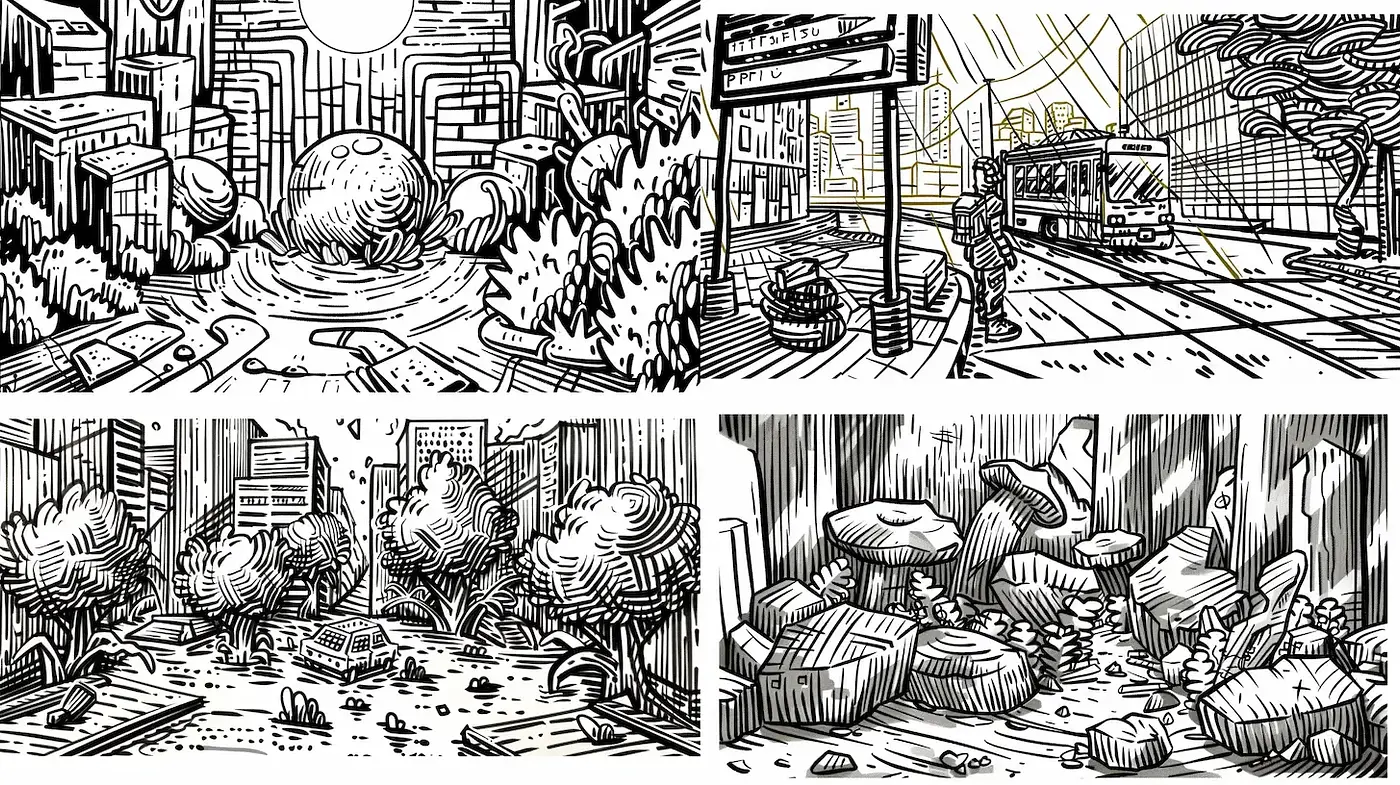 Complex Urban Landscapes with Detailed Line Art and Textures - Midjourney sref style