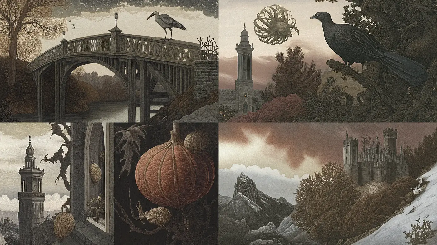 Enigmatic Elegance in Sepia-Toned Surrealism - Midjourney sref style