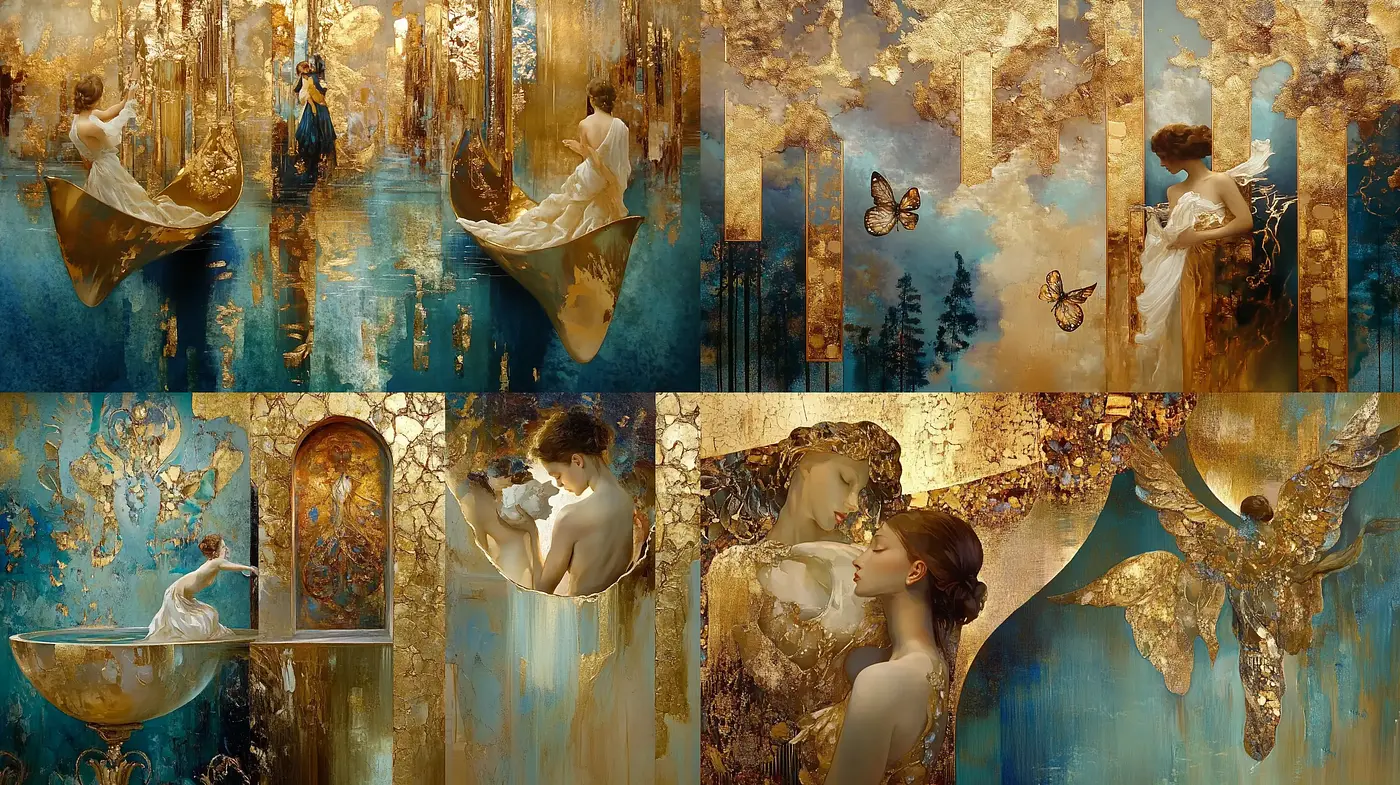 Ethereal Baroque Reverie in Gilded Blue Tones - Midjourney sref style