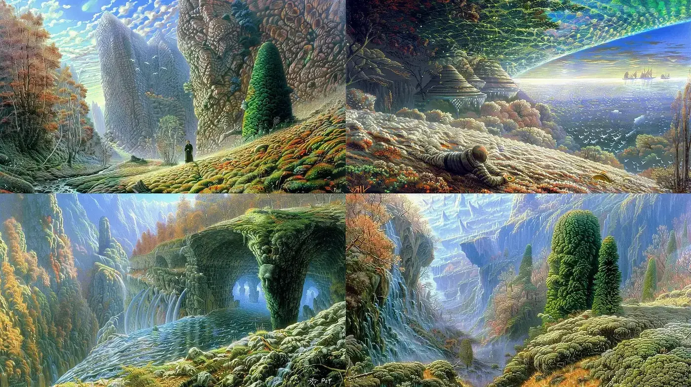 Expansive and Lush Fantasy Landscapes with Surreal Elements - Midjourney sref style