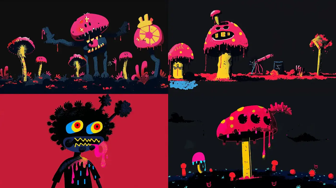 Vibrant and Eccentric Surrealist Visuals with a Playful Mood - Midjourney sref style