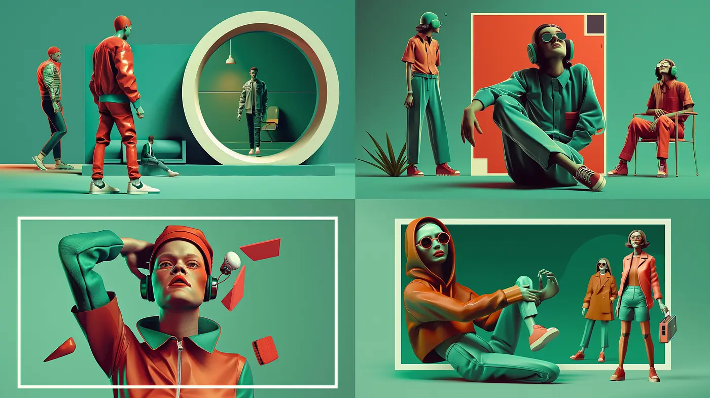 Surreal Simplicity: A Cohesive Retro-Futuristic Aesthetic with a Harmonious Teal and Coral Color Scheme - Midjourney sref style