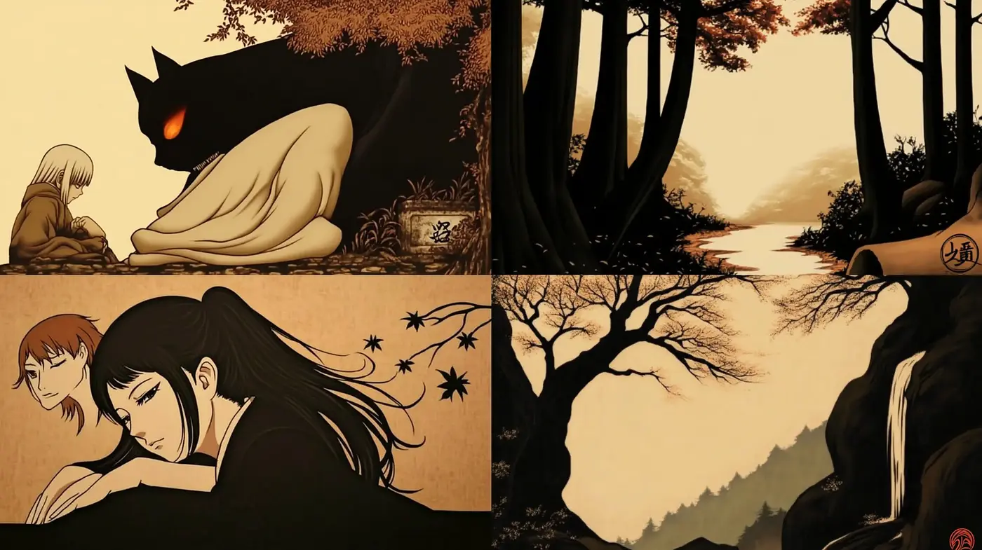 Serene Sepia-Toned Anime-Inspired Landscapes and Portraits - Midjourney sref style
