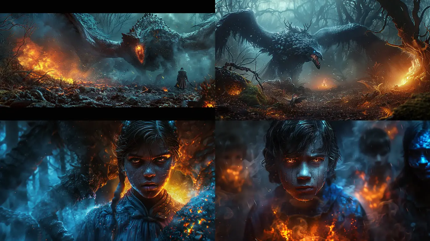 Ethereal Nocturne of Mythical Creatures and Fire-Lit Vistas - Midjourney sref style
