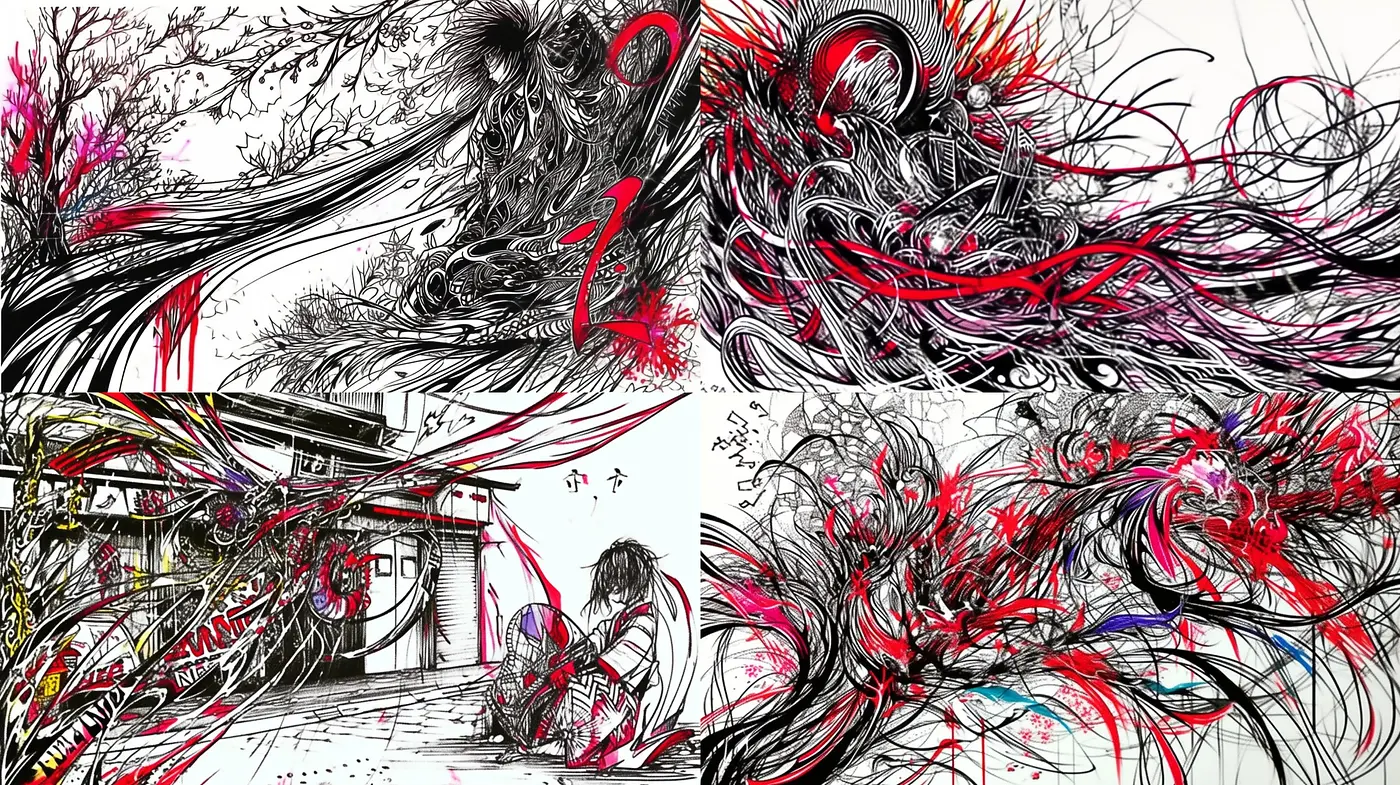 Dramatic Ink Swirls with Crimson Accentuations: A Pictorial Symbiosis of Chaos and Order - Midjourney sref style