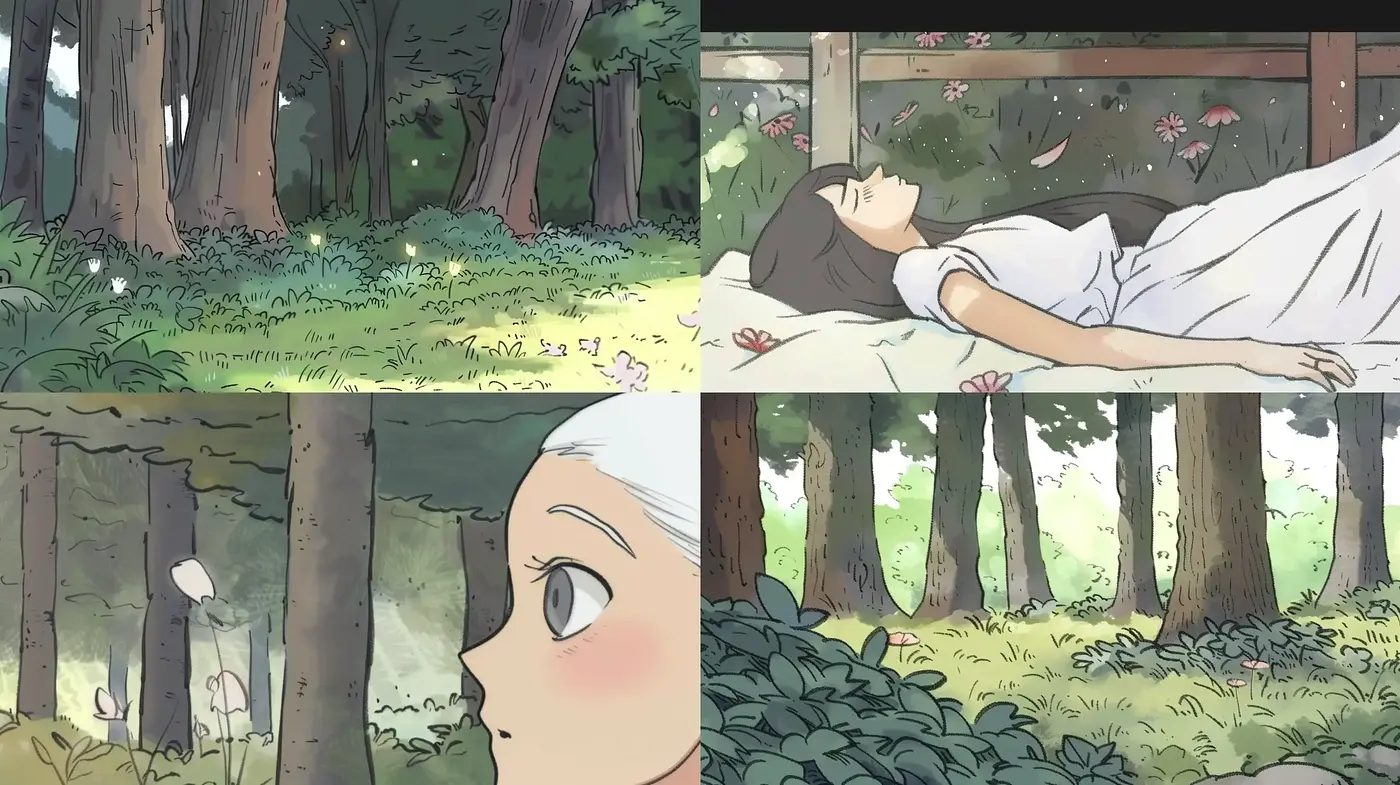 Tranquil Pastoral Scenes in Stylized Anime-Inspired Illustrations - Midjourney sref style