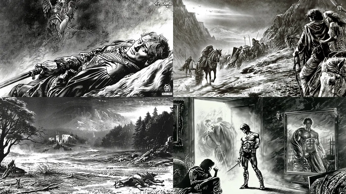 Monochrome Elegy: A Study in Grayscale Illustrative Styles - Midjourney sref style