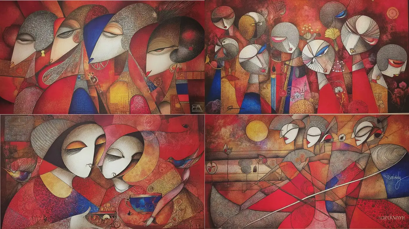 Vibrant Folk Art with Geometric Influence and Emotional Depth - Midjourney sref style