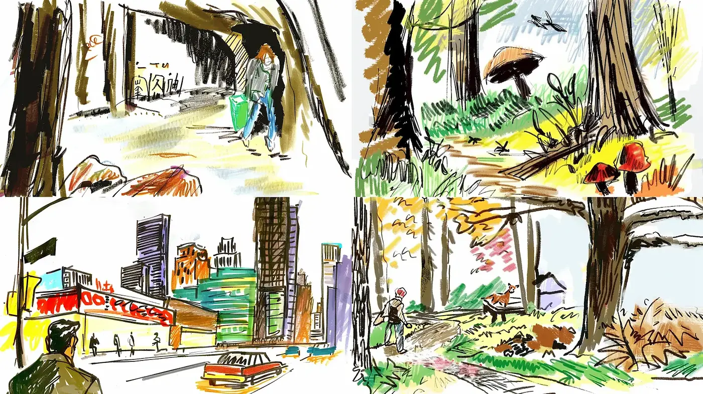 Energetic and Whimsical Urban Nature Scenes with a Vibrant Touch - Midjourney sref style