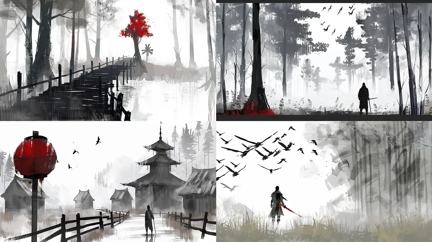 Contemplative Monochrome Vistas with a Stroke of Red - Midjourney sref style