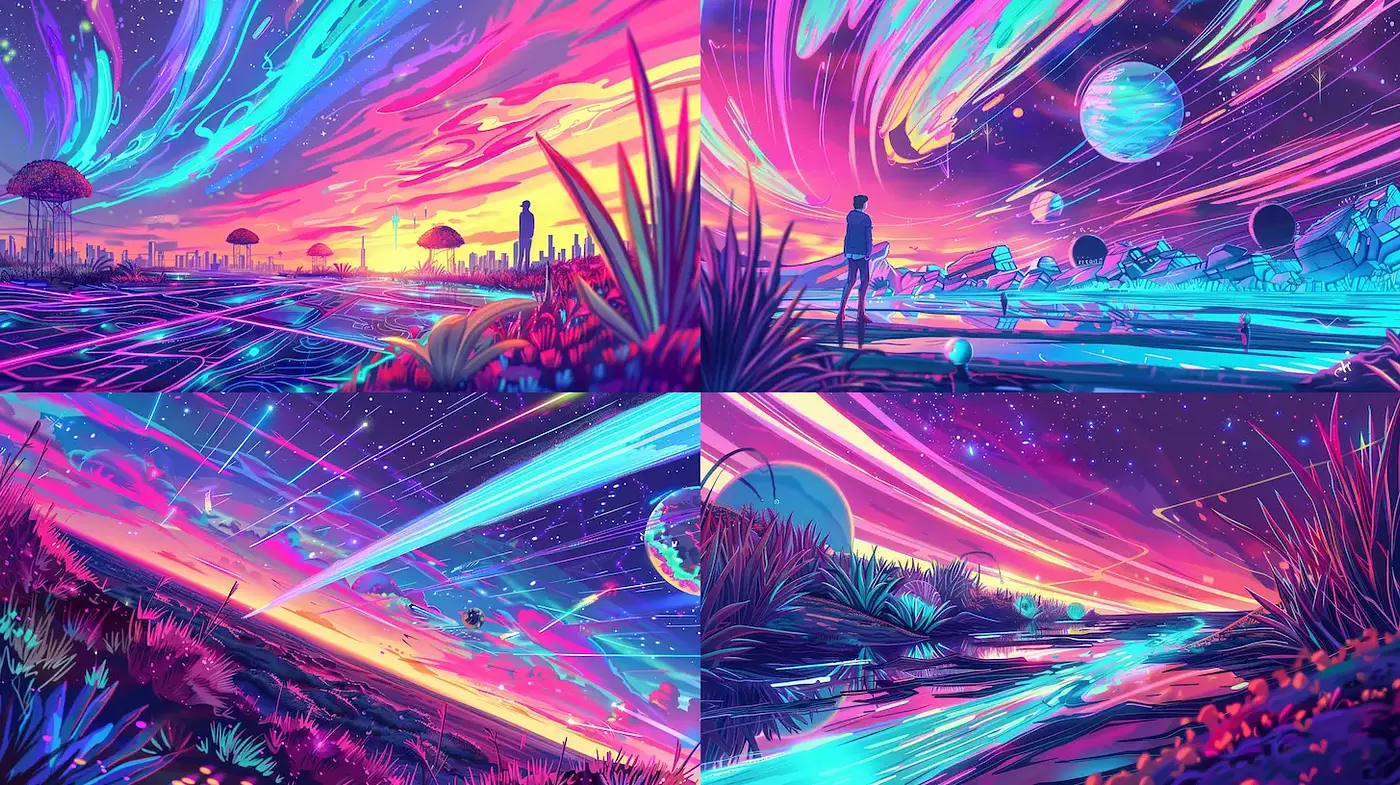 Vibrant Cosmic Landscapes with Retro Futurism - Midjourney sref style