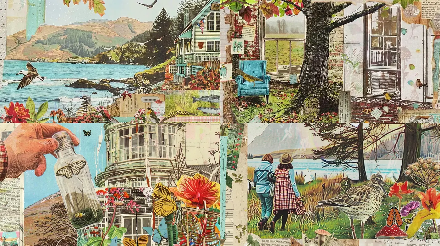Whimsical Collage of Nature and Nostalgic Homesteads - Midjourney sref style