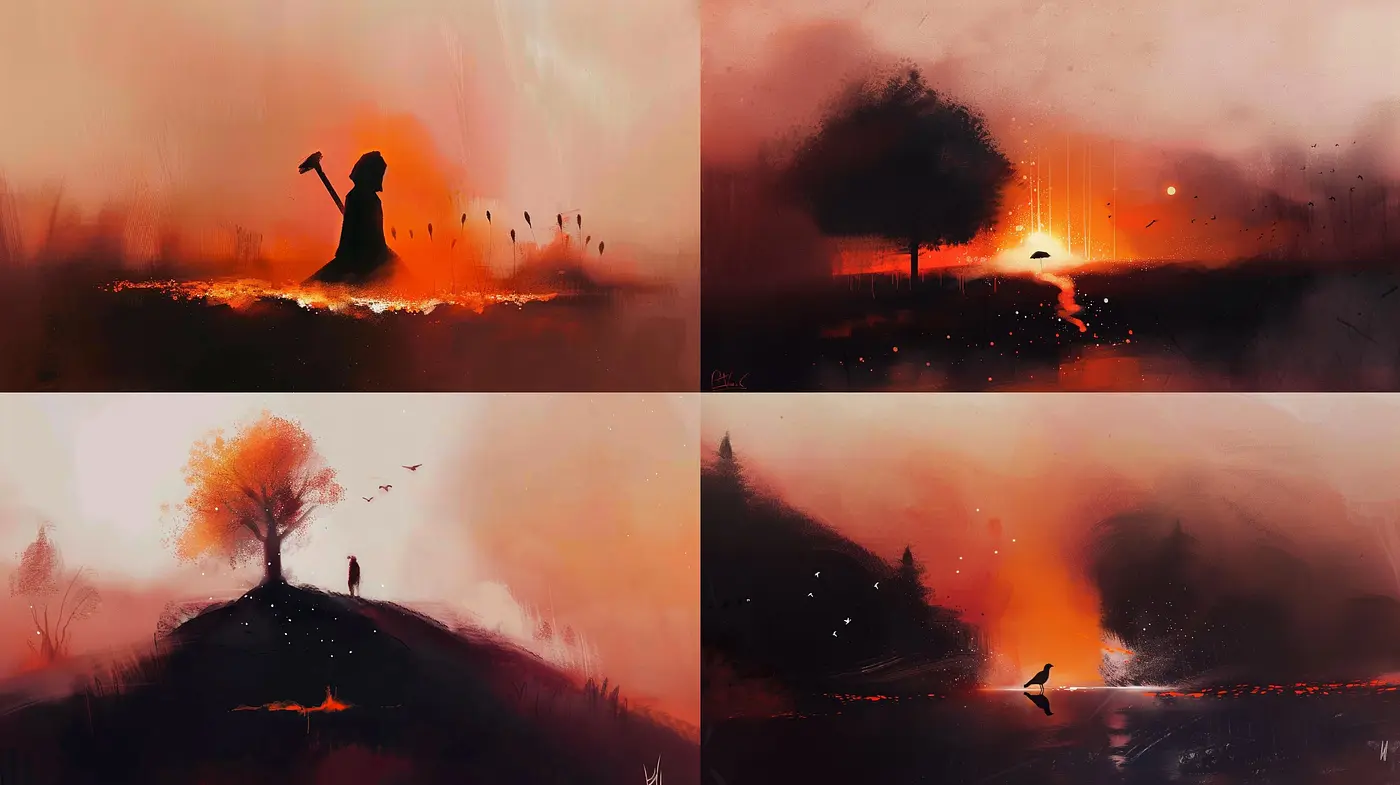 Ethereal Twilight Hues: A Fusion of Abstract and Figurative Art with Emotive Undertones - Midjourney sref style