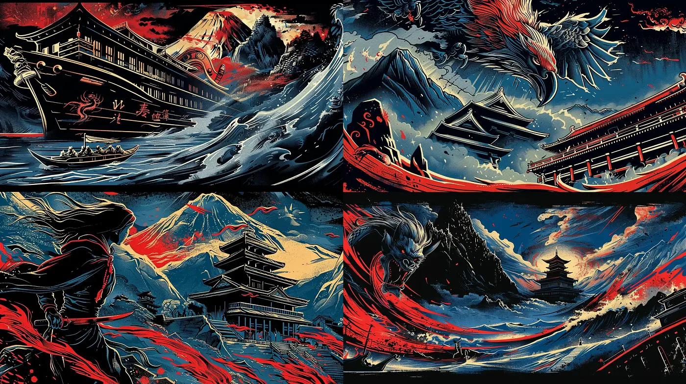 Dynamic Oriental Tableau with a Lurid Crimson and Cobalt Palette - Midjourney sref style