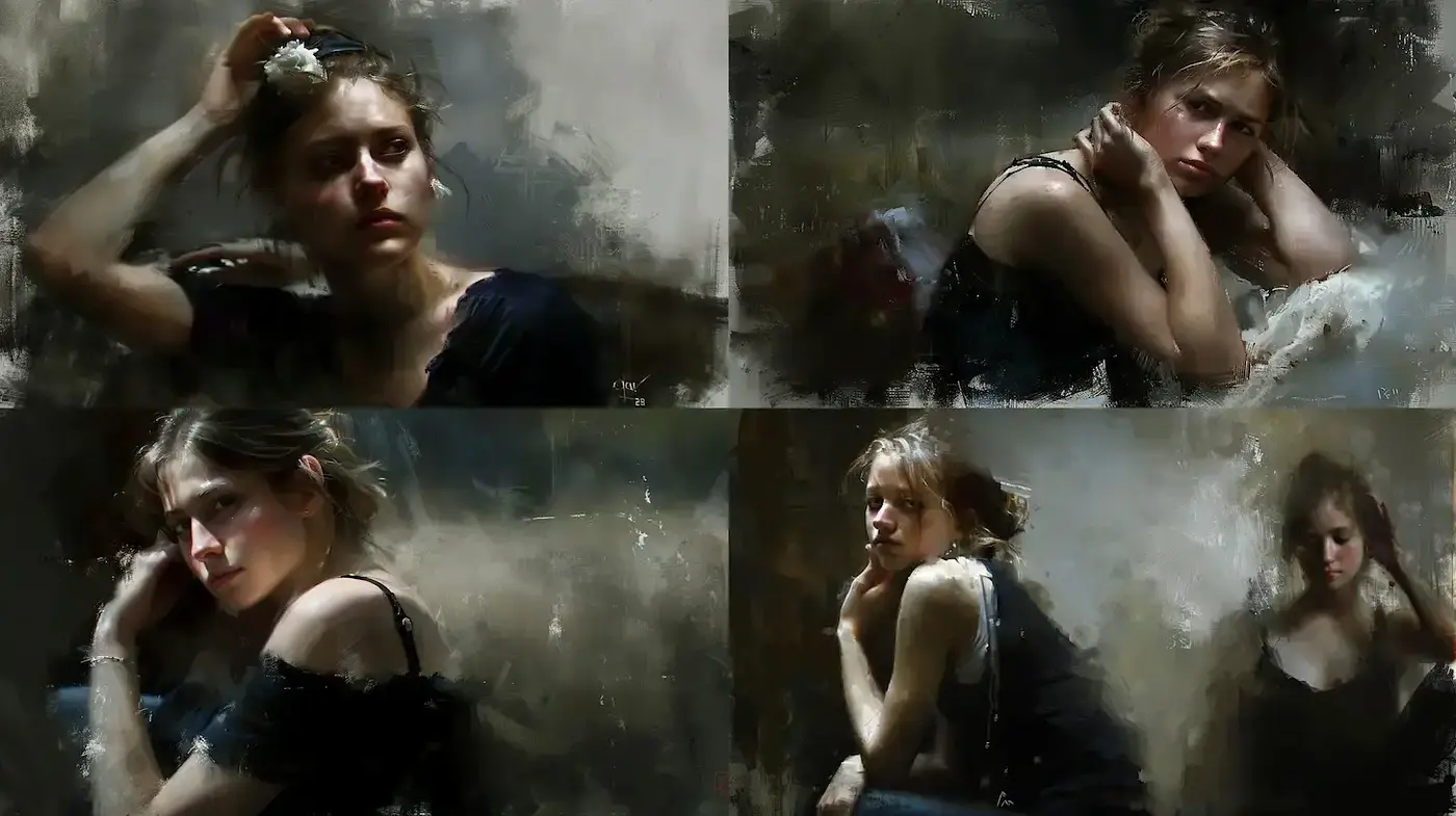 Mysterious and emotive expression through soft brushwork and muted tones - Midjourney sref style