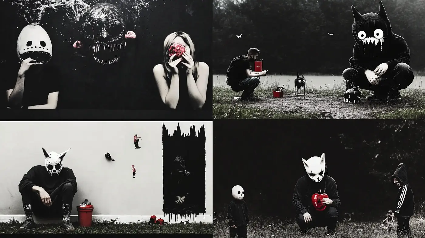 Dark Whimsy in Monochromatic Surrealism - Midjourney sref style