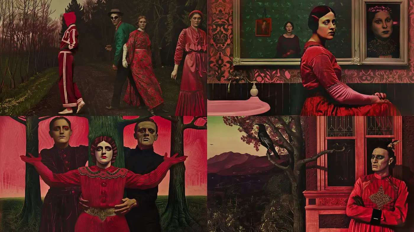 Melancholic Reverie in Crimson and Verdant Hues - Midjourney sref style