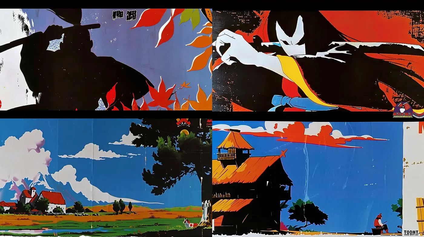 Dynamic Contrast and Vivid Storytelling in Stylized Panorama - Midjourney sref style