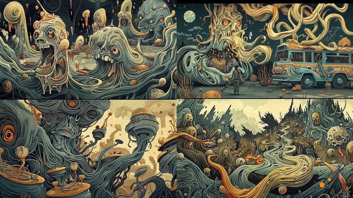 Surreal and Whimsical Illustrations with Unique Fluidity - Midjourney sref style